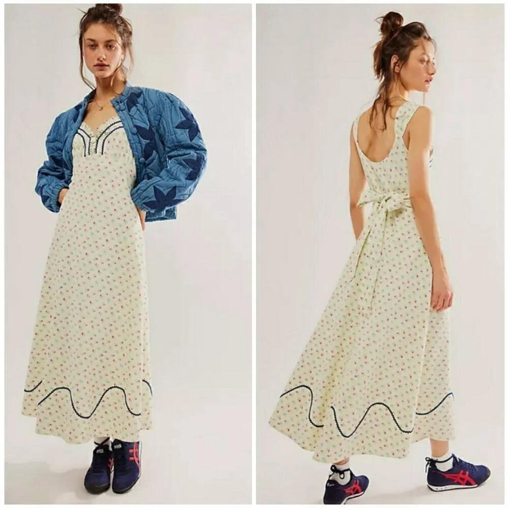 💕FREE PEOPLE💕 Sweet Hearts Midi Dress ~ Ivory Combo Medium NWOT